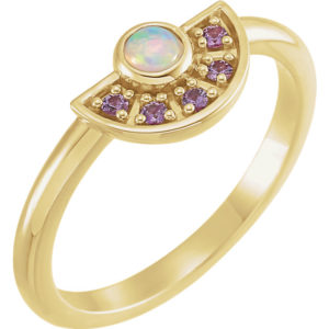 2019 Jewelry Design Trends Yellow Gold Opal and Pink Sapphire Fan Ring