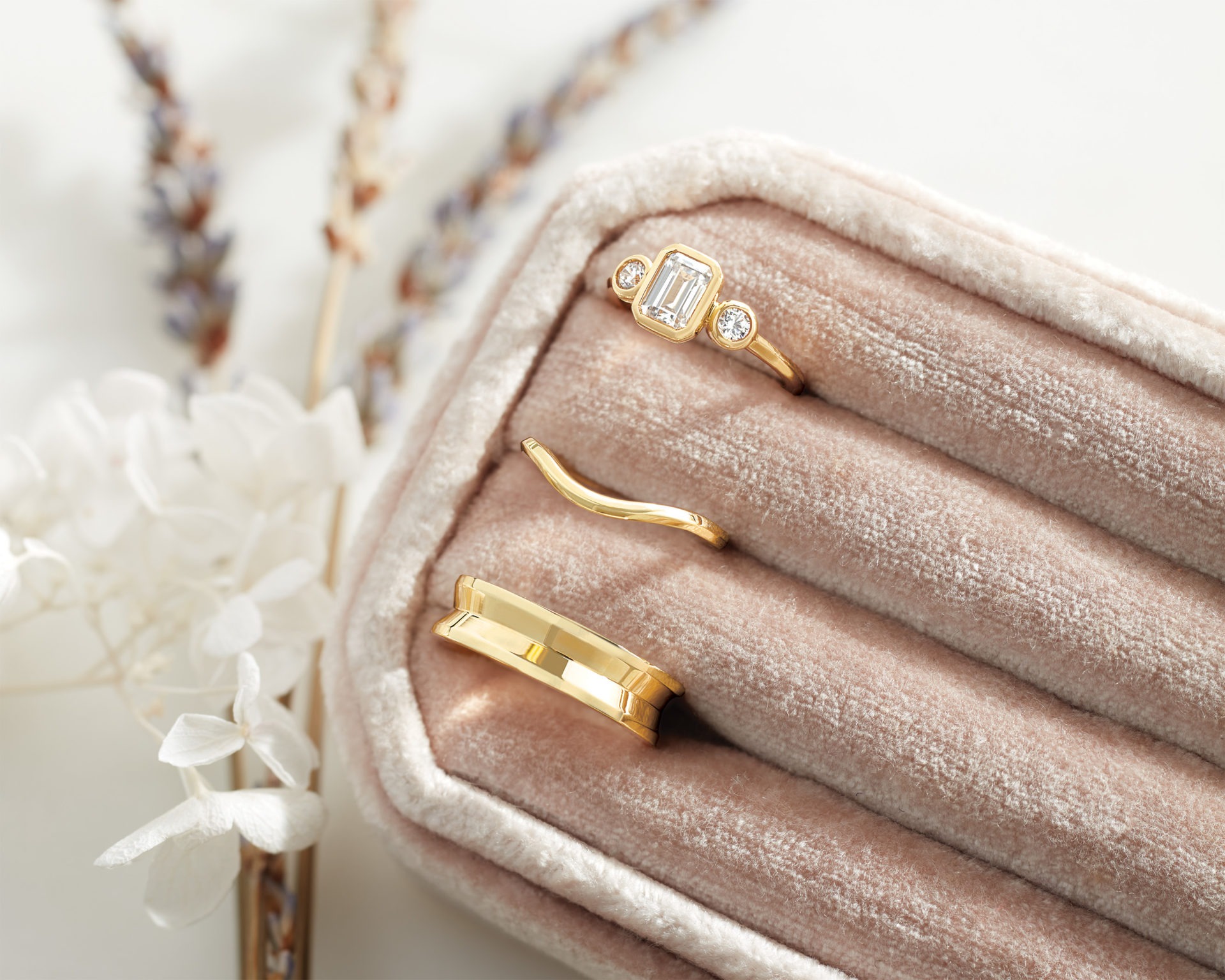 bezel-set engagement ring wedding band set